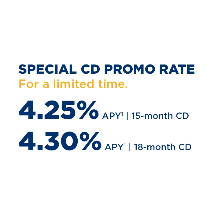 Special CD promotional rates for a limited time: 4.25% APY on a 15-month CD and 4.30% APY on an 18-month CD.